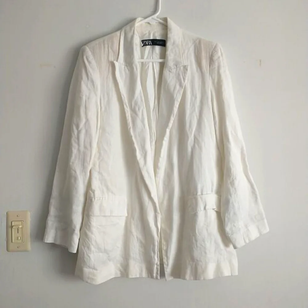 Zara Open Blazer Jacket Womens L Cream 100%Linen Lined Unstructured Lighweight - Picture 1 of 10